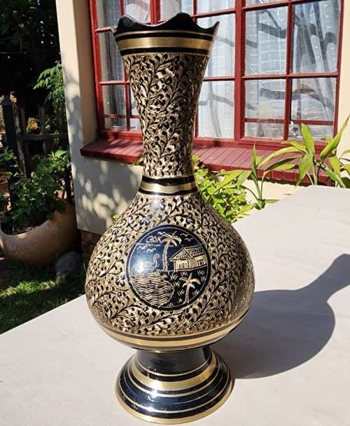 Brass BEAUTIFULL BRASS HAND ENGRAVED GOA INDIA VASE FIRST OF TWO ON